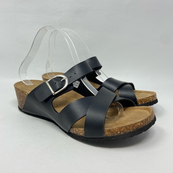 Natural Reflections Black Two Strap Open Toe Wedge Sandals - Picture 1 of 12